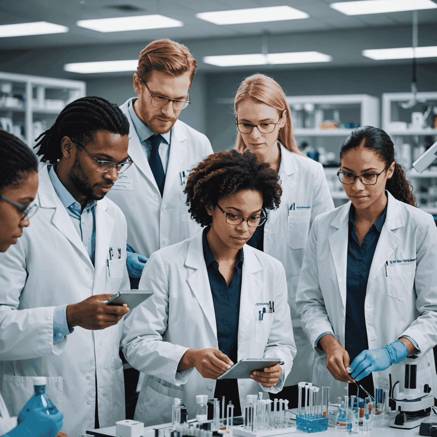 A diverse team of biomedical researchers and entrepreneurs collaborating in a modern lab setting, with advanced equipment visible in the background