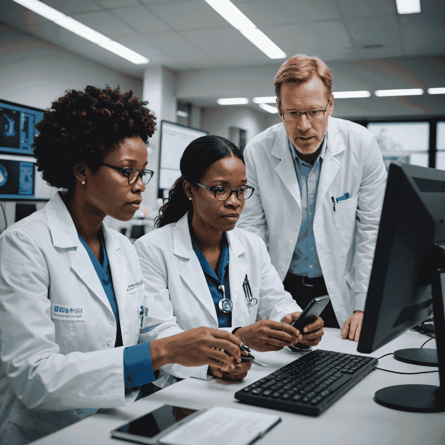 A diverse group of biomedical experts from South Africa and around the world collaborating in a modern research facility, working together on computers and discussing innovative solutions to global health challenges.