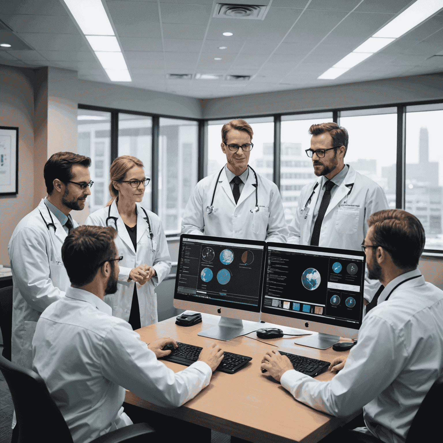 A team of IT consultants collaborating on a biomedical IT strategy, with a focus on leveraging technology to improve patient outcomes and drive business success