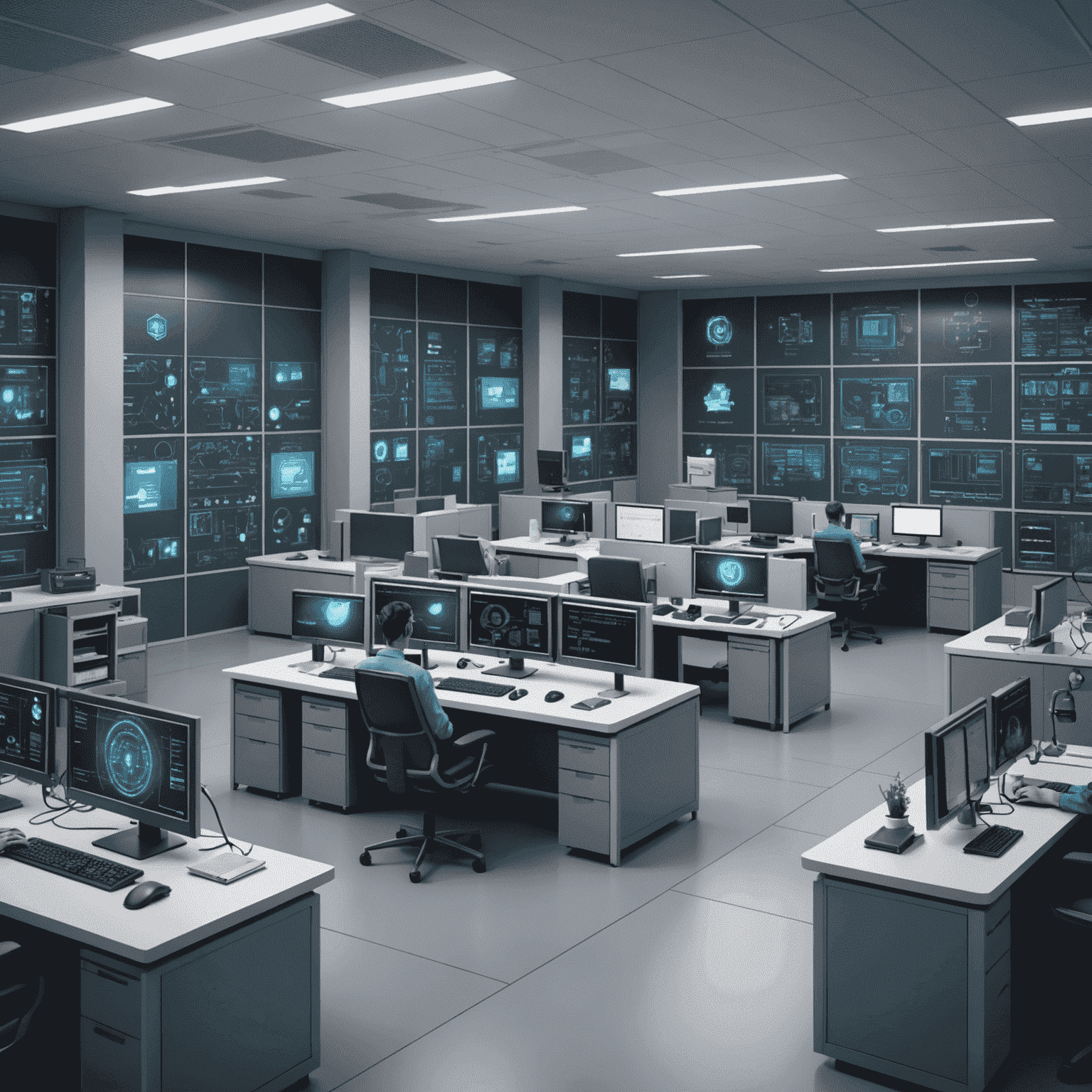 Illustration of a secure biomedical facility with various cybersecurity measures in place, such as firewalls, encryption, and access controls