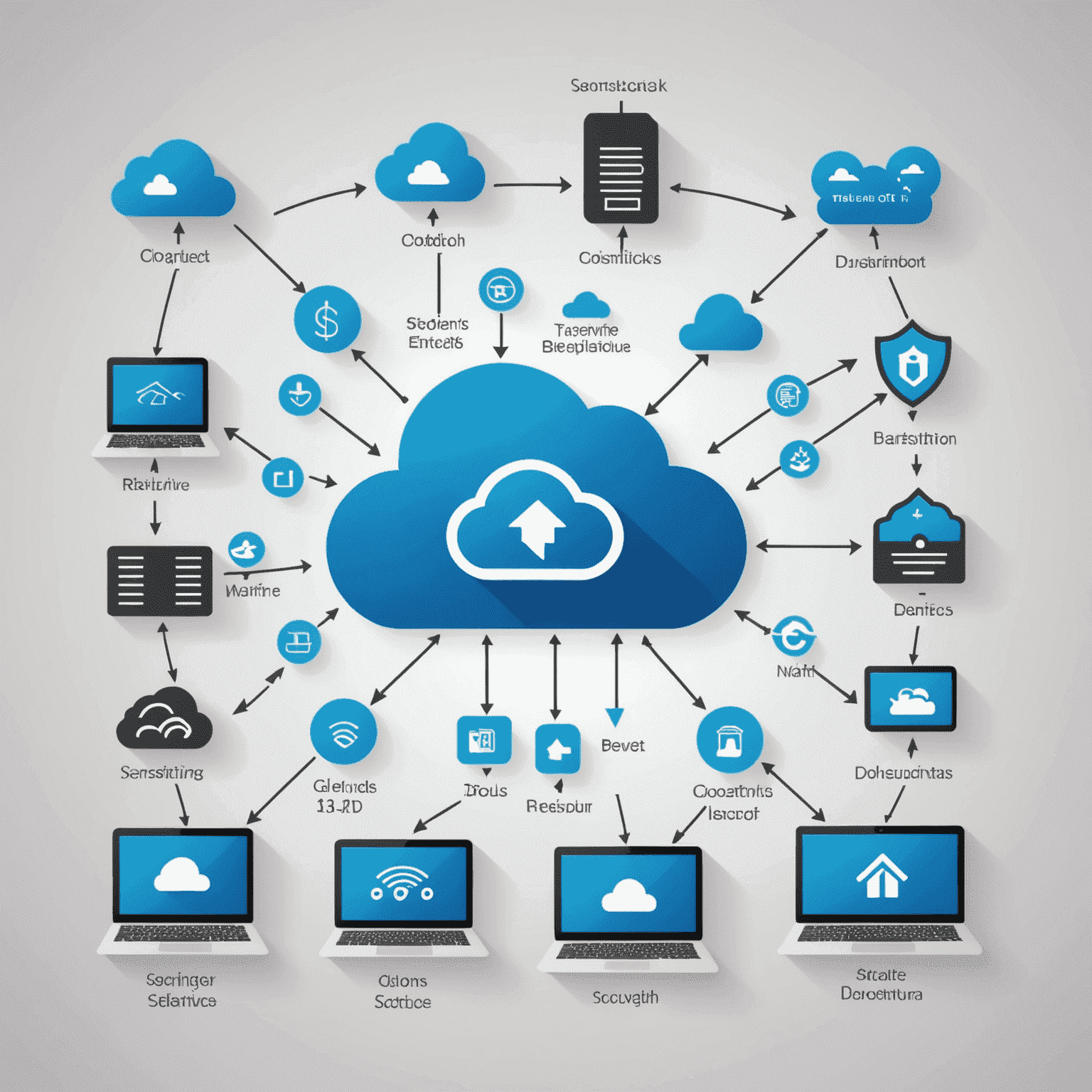 Illustration depicting the process of migrating IT infrastructure and applications from on-premises to the cloud, with arrows showing the transition and icons representing various cloud services and benefits