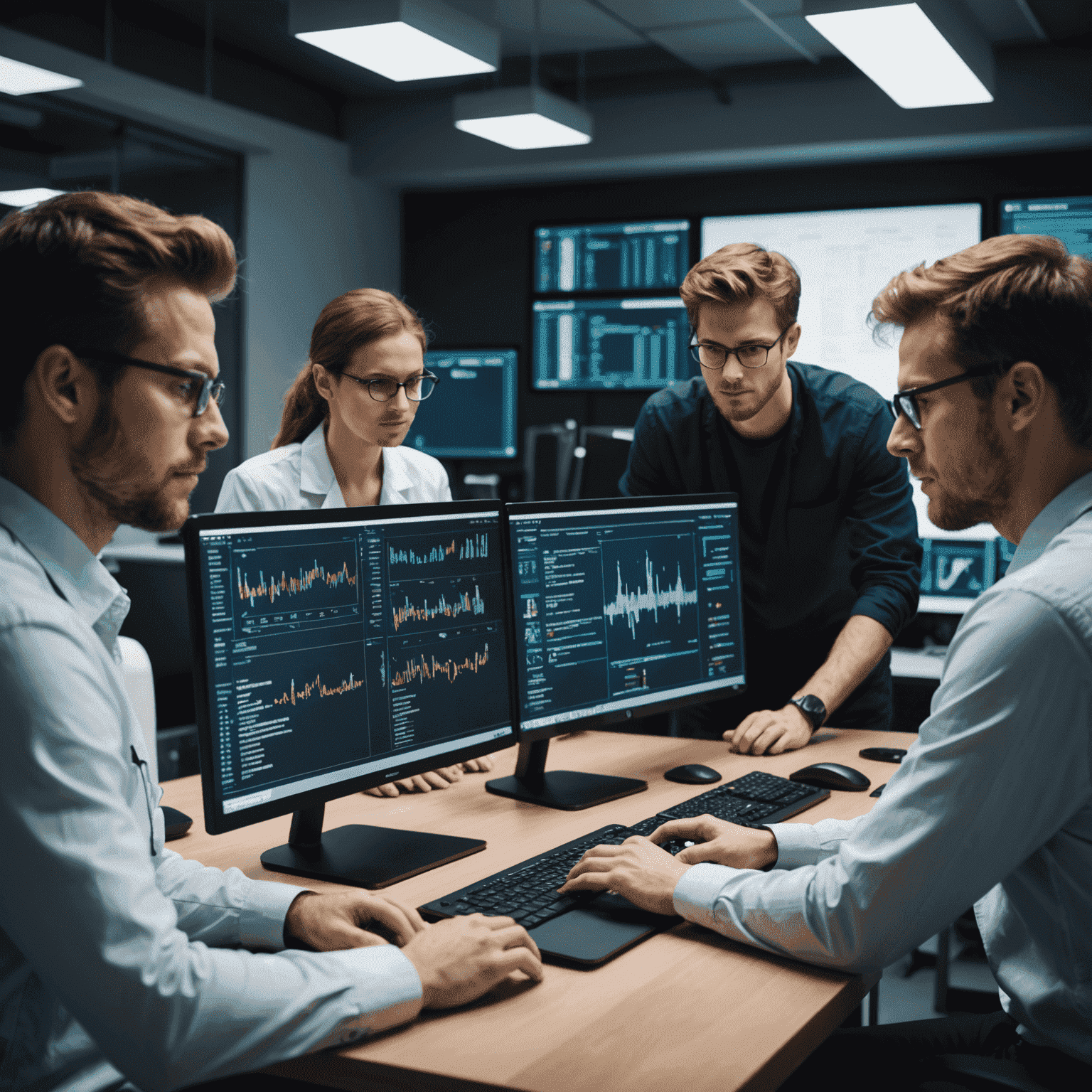 A team of software developers collaborating on a biomedical software project, with screens showing code and user interfaces