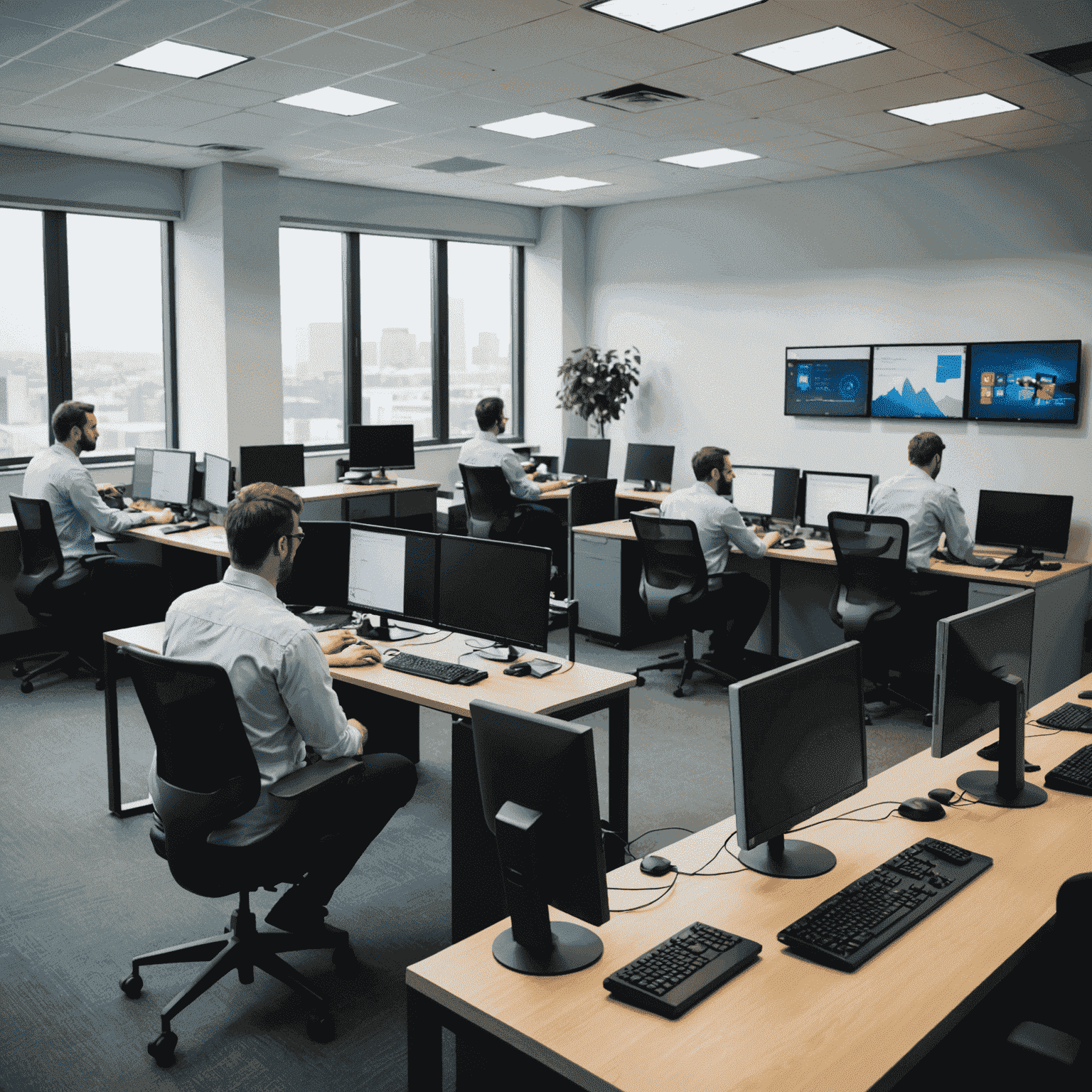 IT support team working on computers and servers in a modern office setting