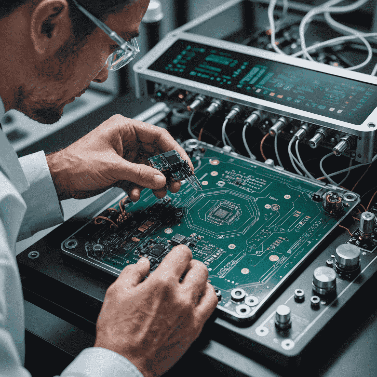 A close-up view of a futuristic medical device, showcasing intricate circuitry and advanced materials, with a researcher's hands carefully manipulating the components