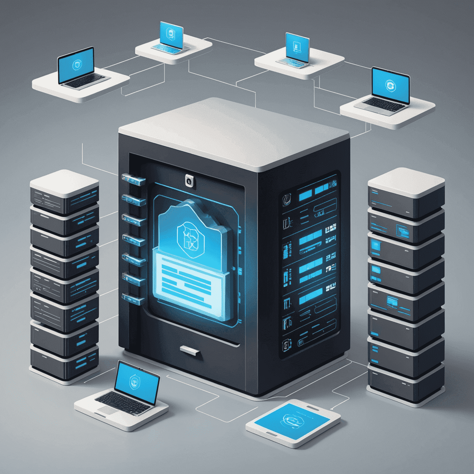 Illustration showing secure data management practices in a biomedical setting, such as encrypted data storage, secure file transfers, and regular data backups