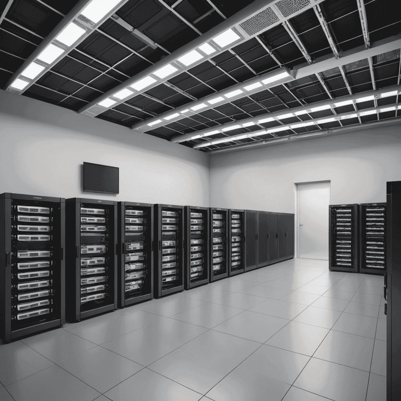 Secure data center with rows of servers and network equipment